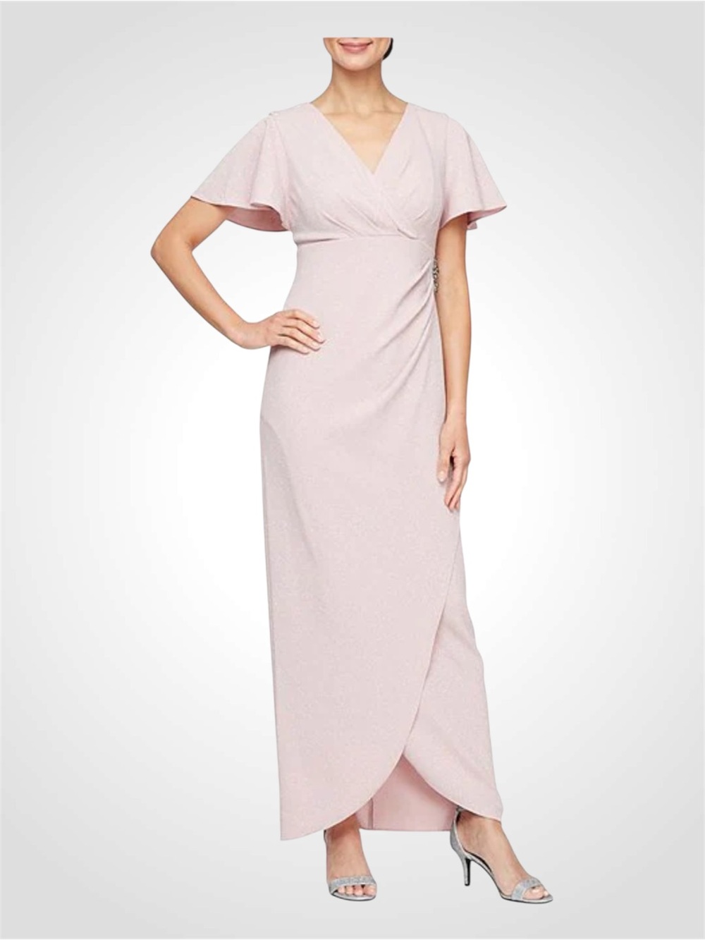 Ignite Evenings Soft Blush Glitter Wrap-Front Maxi Dress with Flutter Sleeves 10